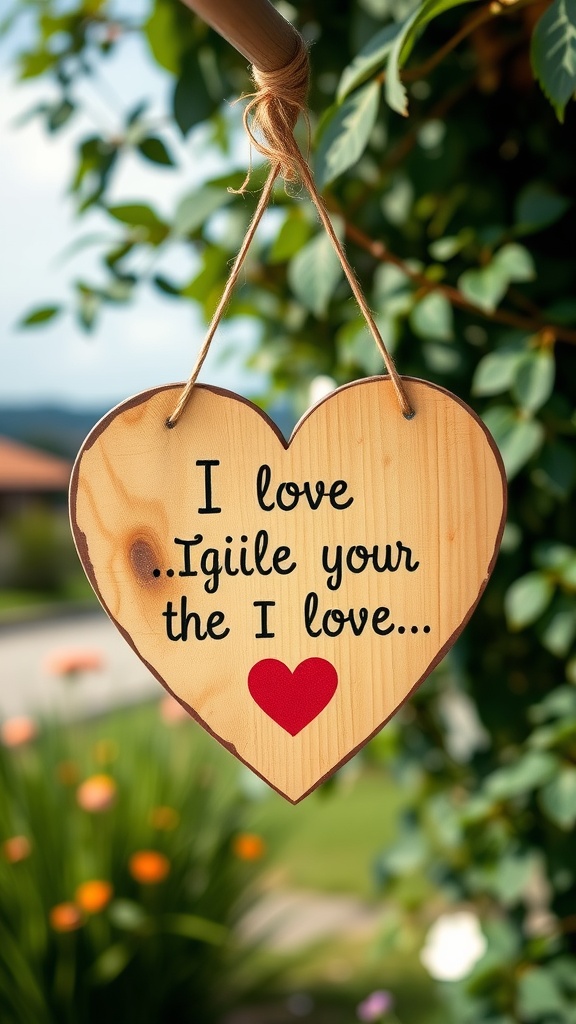 A wooden heart sign with the text 'I love…igile your the I love…' hanging on a plant.