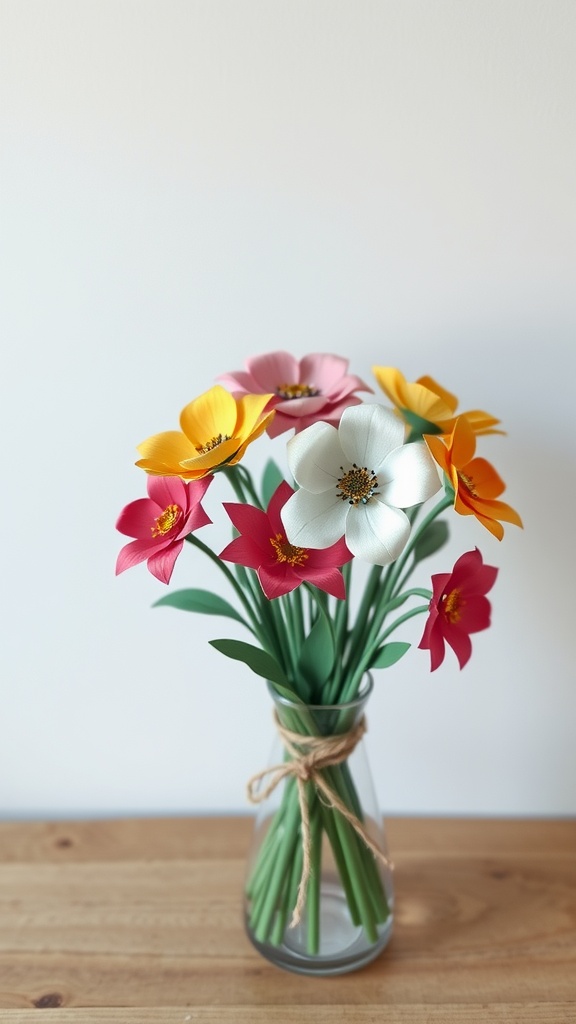 Colorful handmade flower bouquet in a clear vase