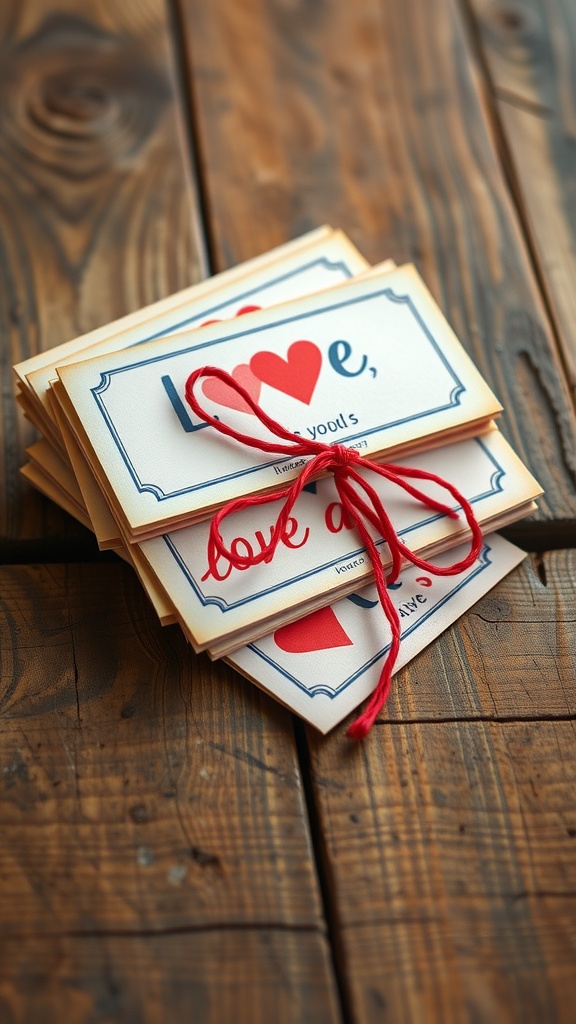 A stack of handmade love coupons tied with red string on a wooden surface.