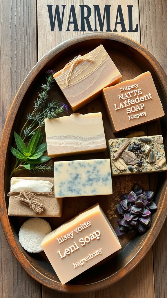 A variety of handmade soap bars arranged on a wooden tray, featuring different colors and textures, with some natural elements like leaves and flowers.