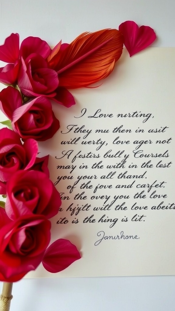 A beautifully written love letter surrounded by red roses and decorative elements.