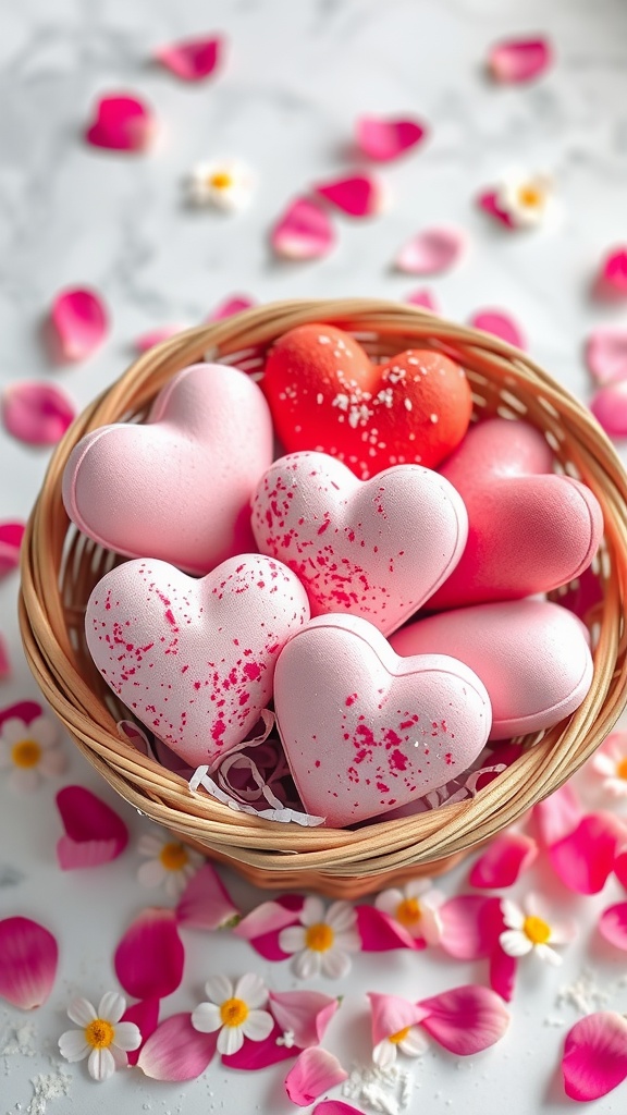 A basket filled with heart-shaped bath bombs in various shades of pink and red, surrounded by flower petals.