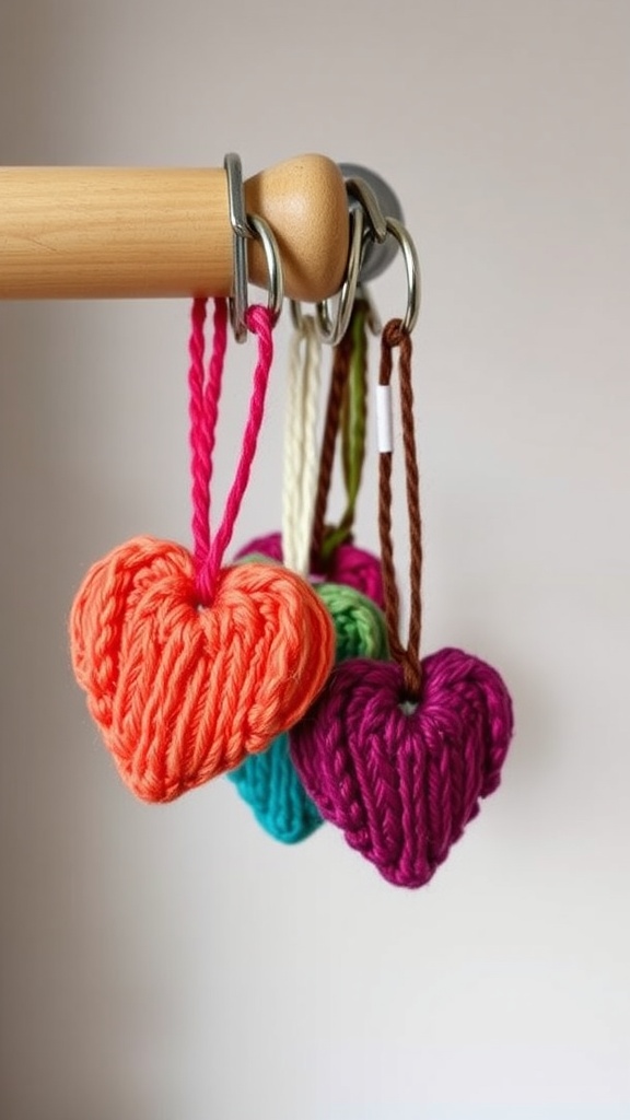 Colorful knitted heart keychains hanging on a wooden hook.