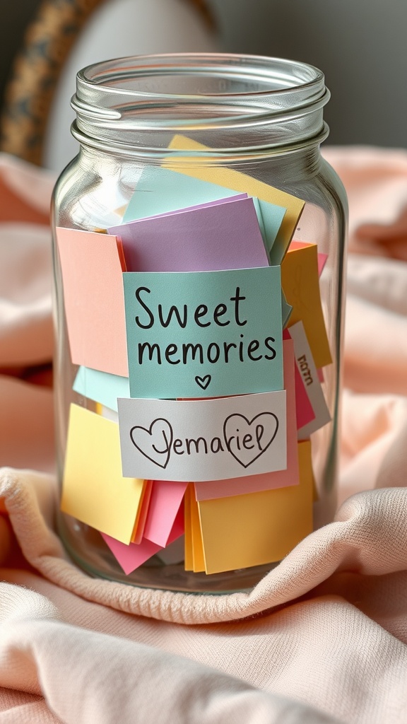 A glass jar filled with colorful notes labeled 'Sweet memories' on a soft fabric background.