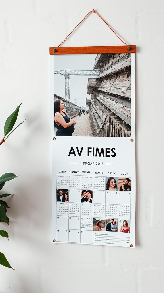 A personalized calendar hanging on a wall with couple's photos.