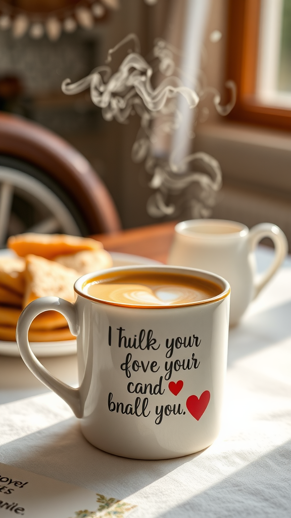 A personalized white mug with a sweet message on it, placed on a table with a small cake and a teapot.