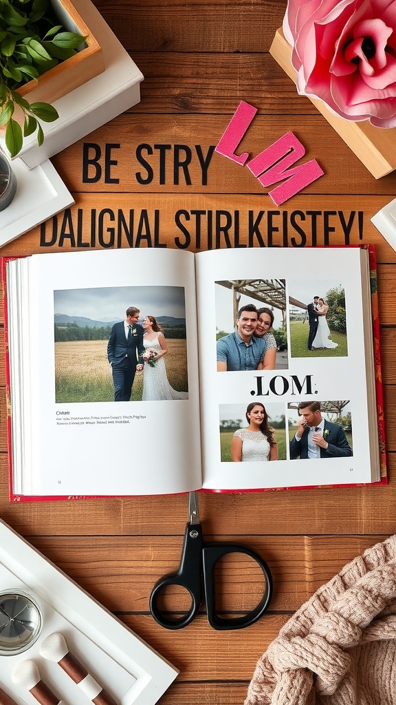 A personalized photo album open to pages with couple's photos, surrounded by decorative items.