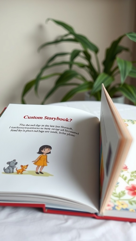 Open personalized storybook with illustrations of a girl and animals