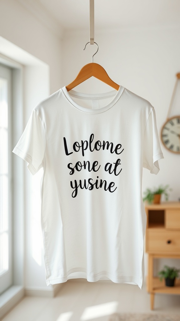 A white T-shirt hanging with a sweet slogan printed on it.