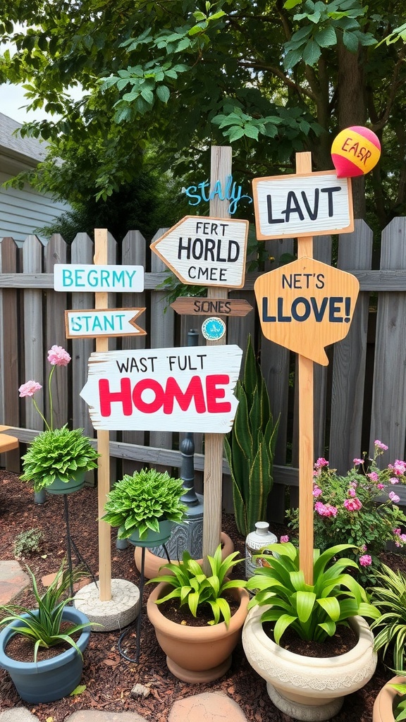 Colorful wooden signs in a backyard with playful phrases and directional arrows.