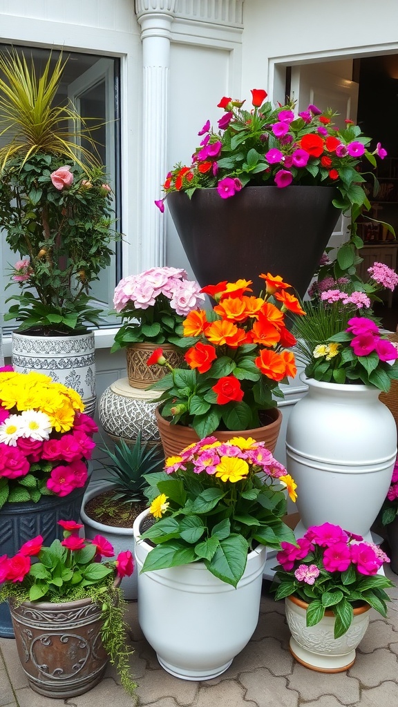 Various decorative plant containers filled with colorful flowers in a backyard setting.