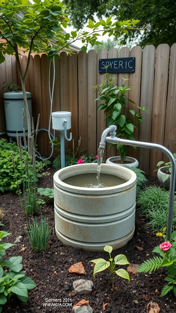 A rainwater harvesting system with a barrel in a backyard garden.