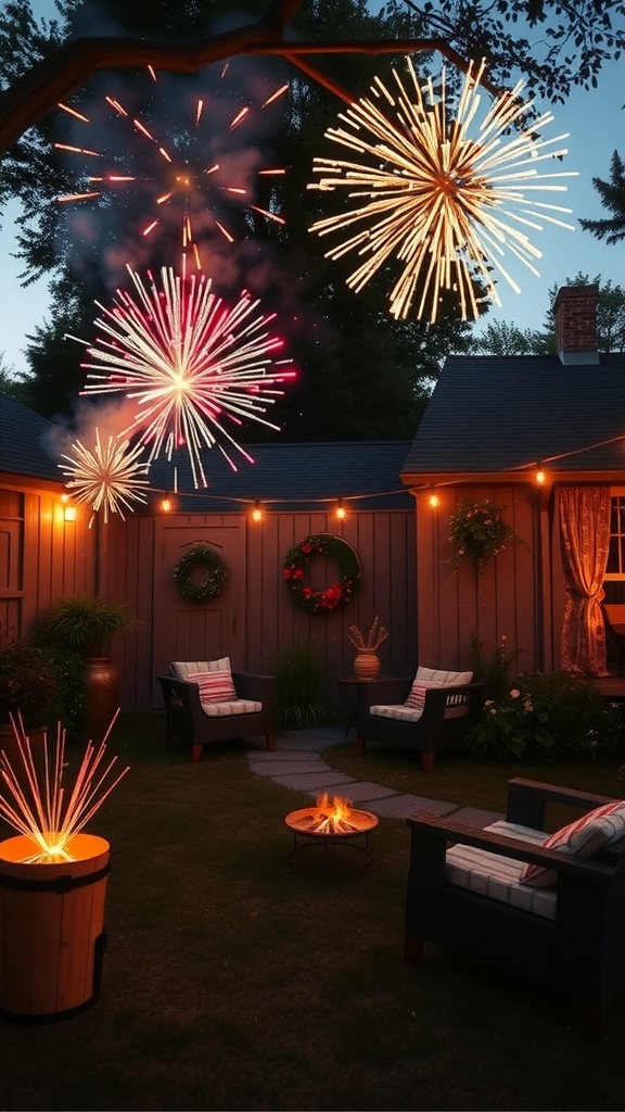 Backyard scene with fireworks in the sky, featuring a cozy seating area and a fire pit.