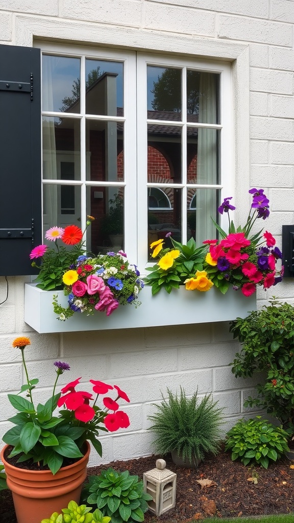 A vibrant window box filled with colorful flowers below a window, surrounded by potted plants in a backyard.