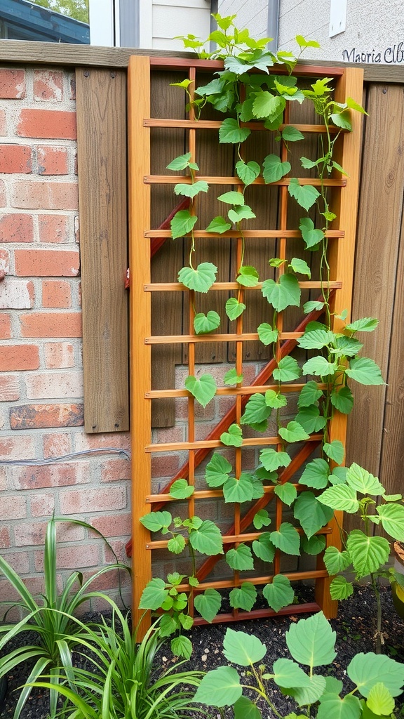 A wooden vertical trellis with climbing plants growing on it against a brick wall.