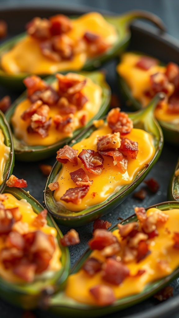 A close-up of air fryer jalapeño poppers topped with bacon crumble and melted cheese.