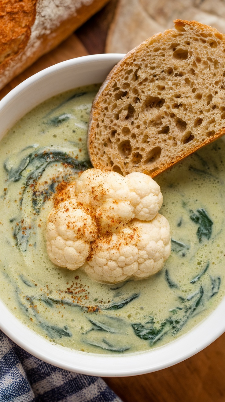 A bowl of creamy cauliflower and spinach soup with a slice of bread.