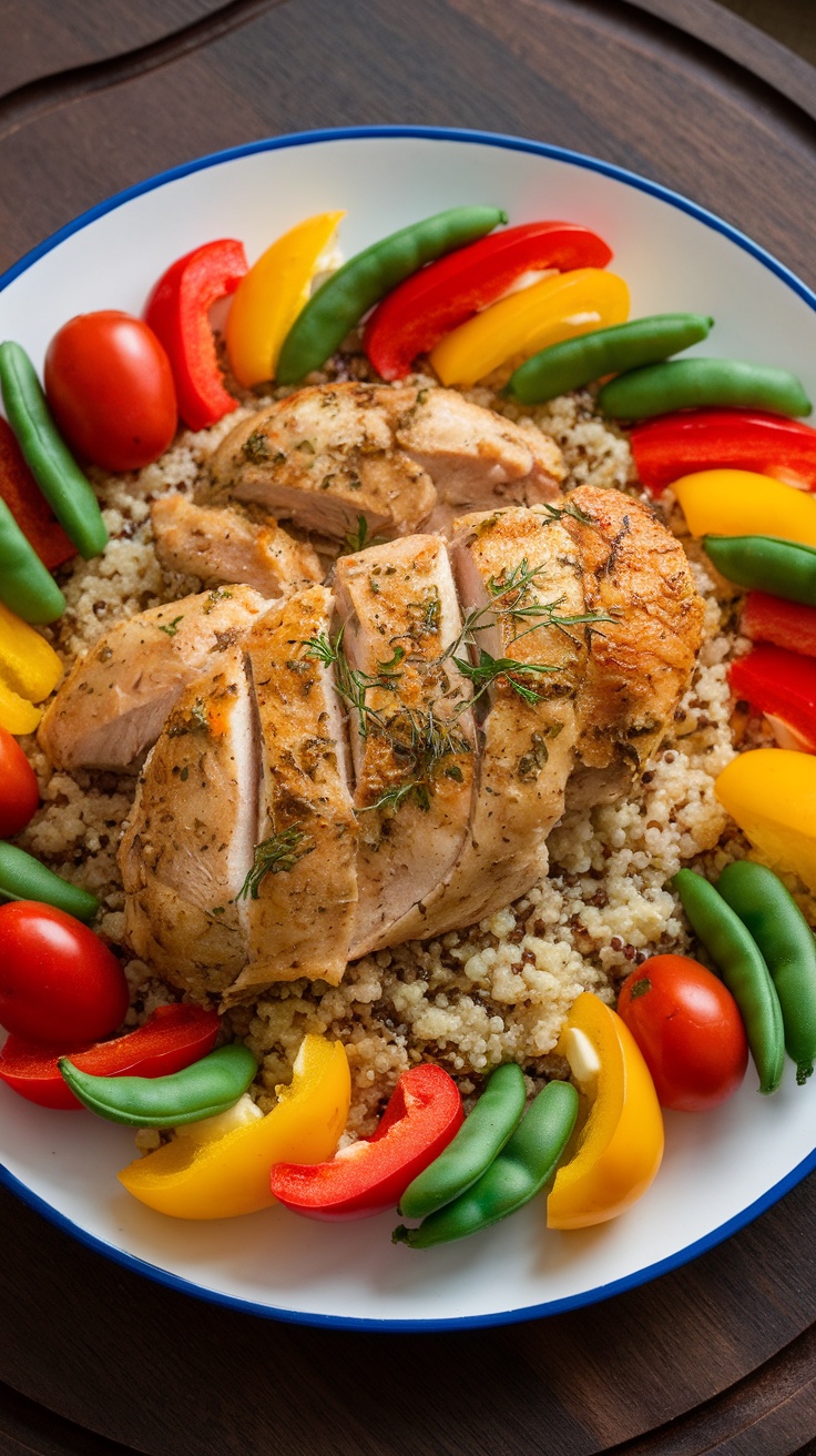 A plate of herbed chicken served with quinoa and colorful vegetables.