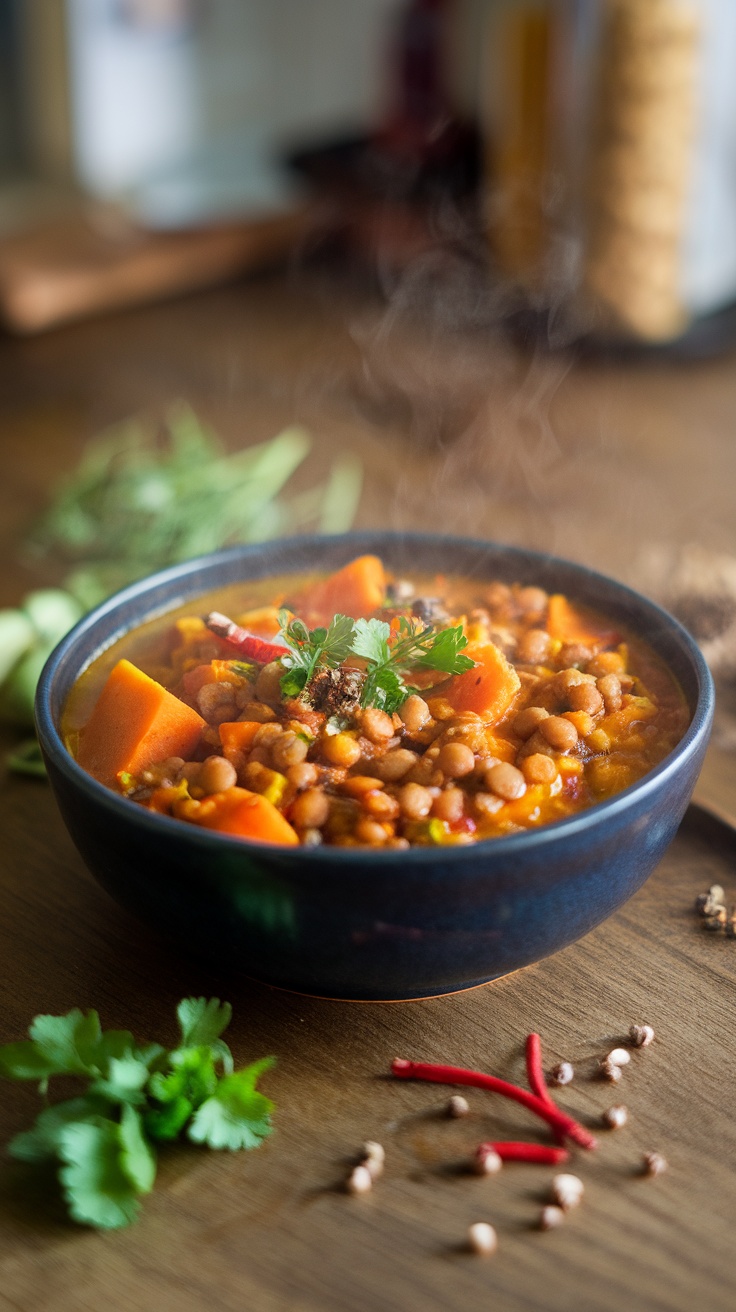 A steaming bowl of lentil and sweet potato stew with herbs and spices.