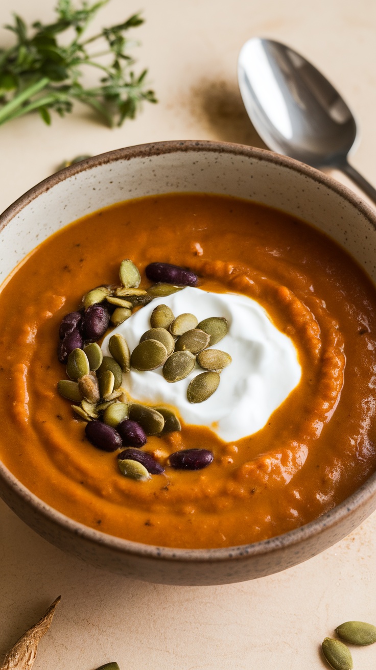A bowl of pumpkin and black bean soup topped with yogurt and seeds.