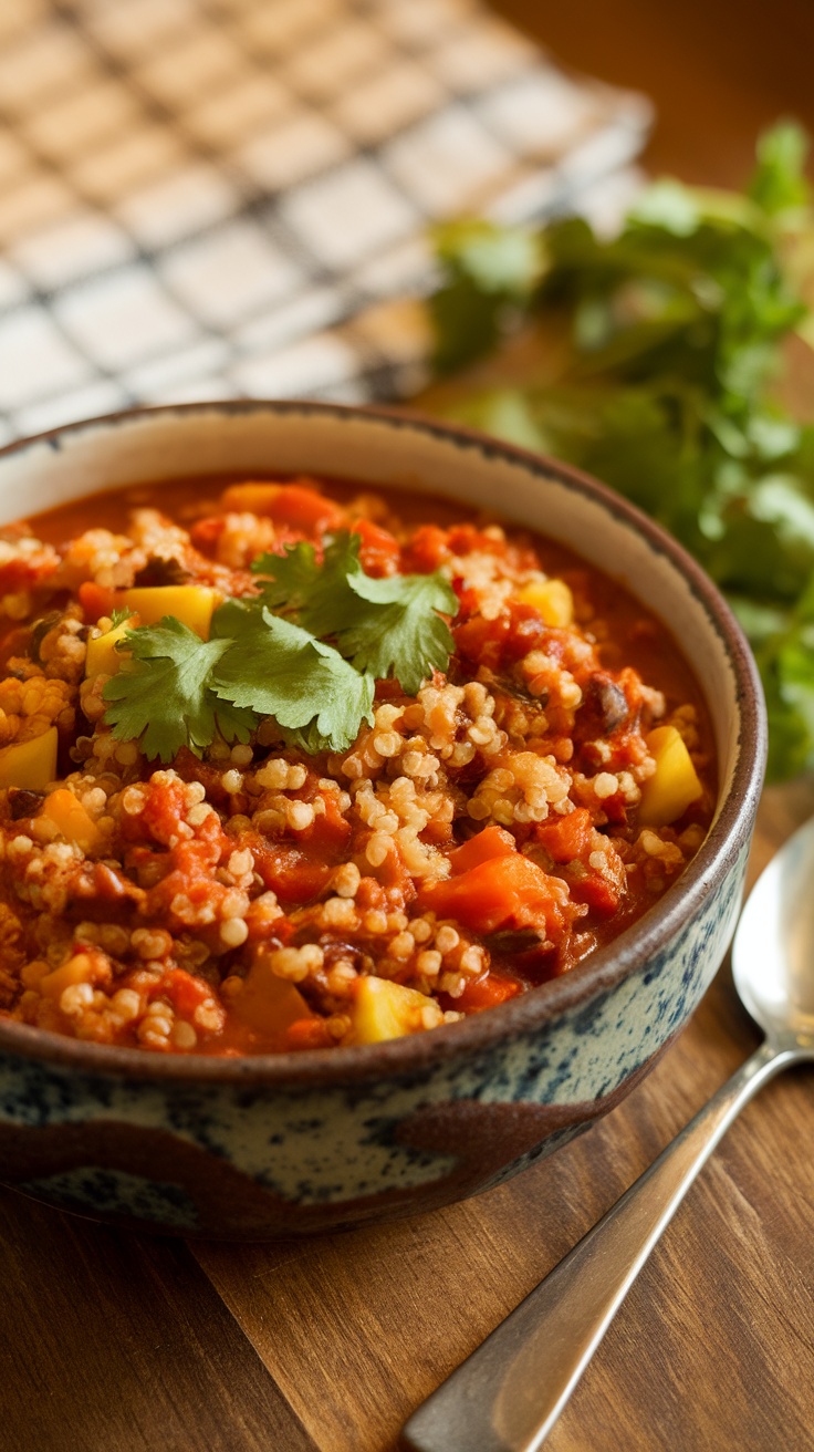 Bowl of quinoa and vegetable chili garnished with cilantro.