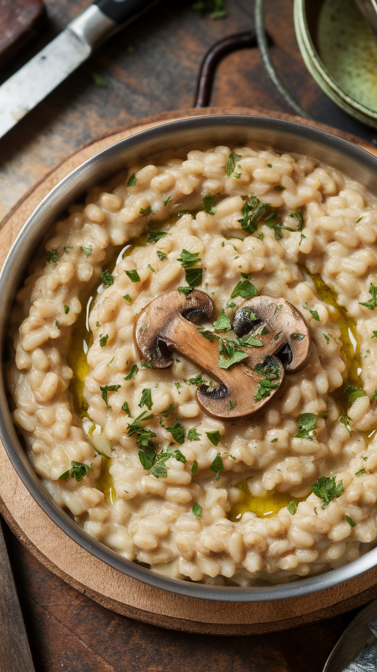 A bowl of creamy mushroom and barley risotto topped with fresh herbs.