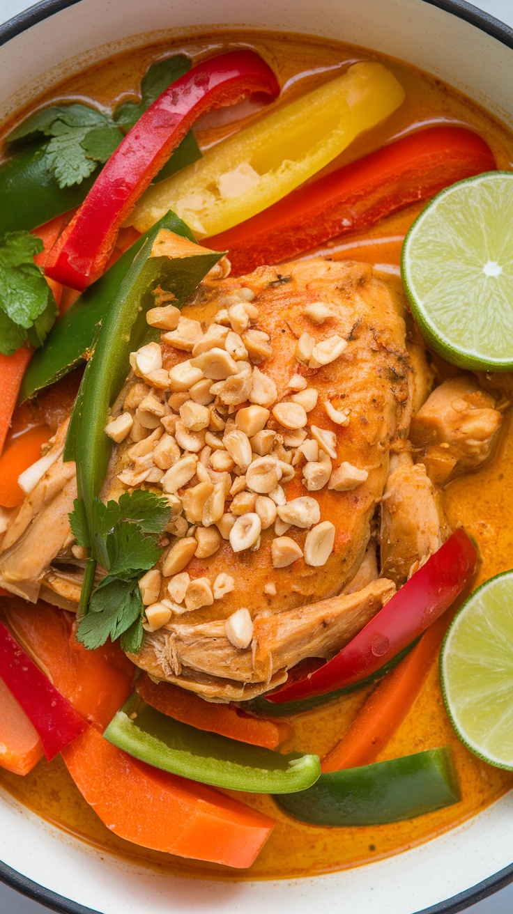 A bowl of Spicy Thai Peanut Chicken Stew with chicken, colorful bell peppers, peanuts, and lime.
