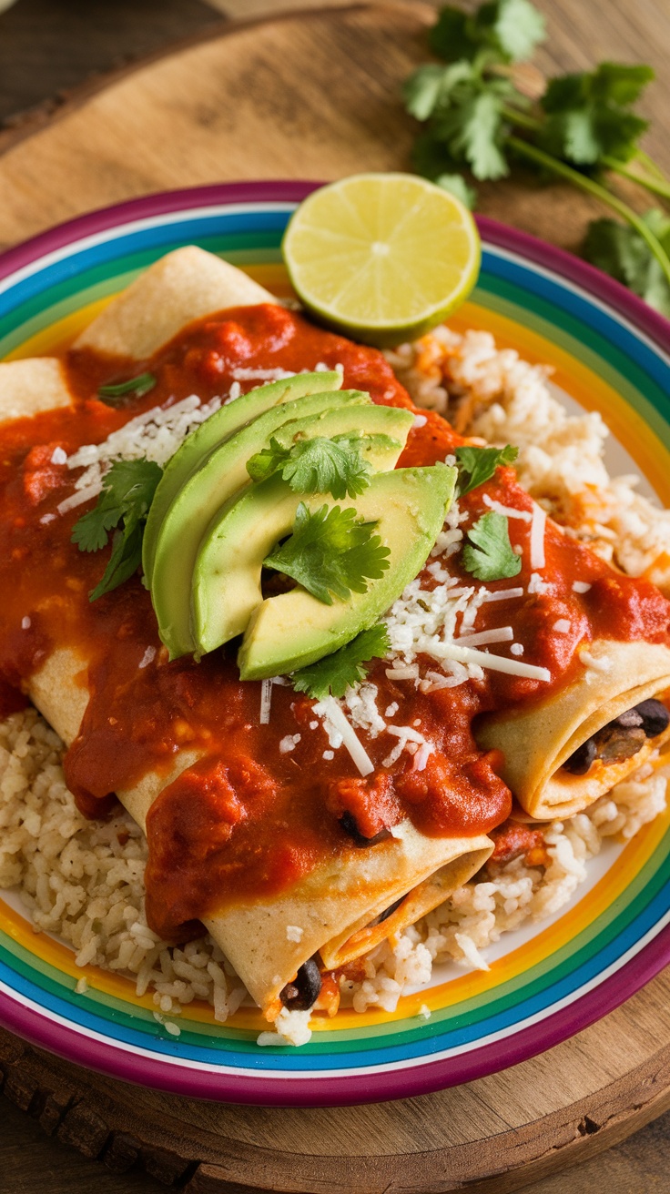 A plate of turkey and black bean enchiladas topped with avocado slices, cilantro, and served with rice.