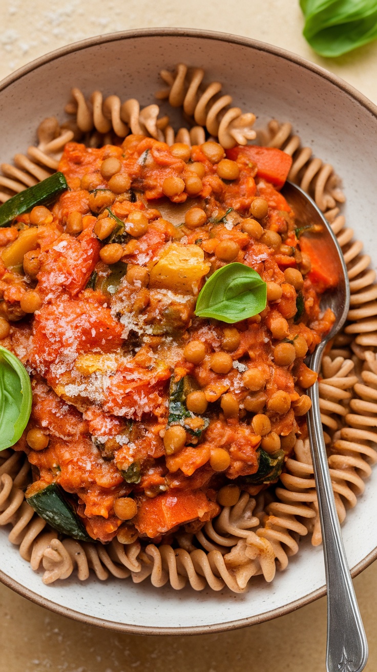 A bowl of vegetable and lentil bolognese served over spiral pasta, garnished with basil.
