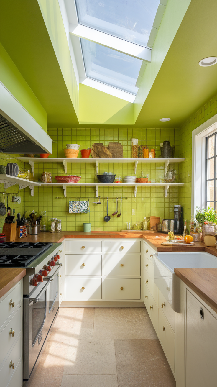 A vibrant kitchen featuring lime green details and white countertops.