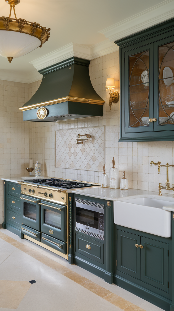 A dark green kitchen featuring white countertops, gold accents, and plants for decoration.