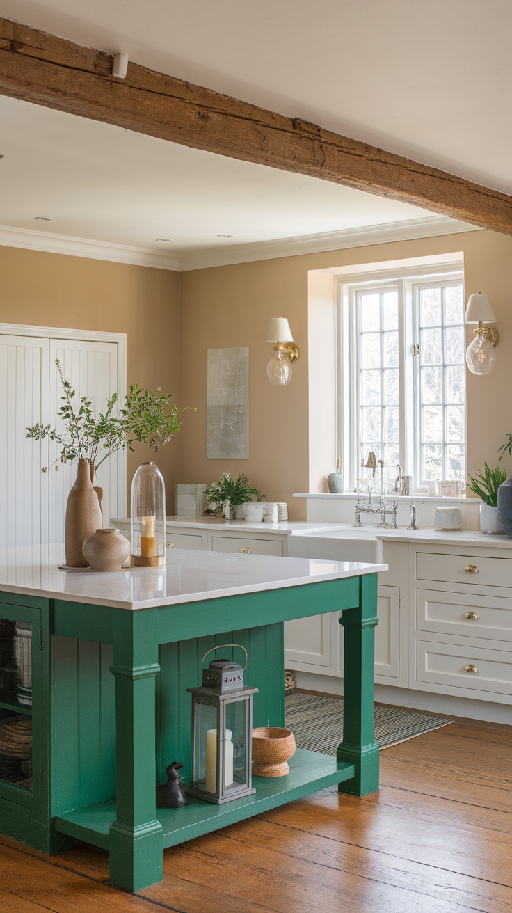 Emerald green kitchen island with white countertop and modern design.