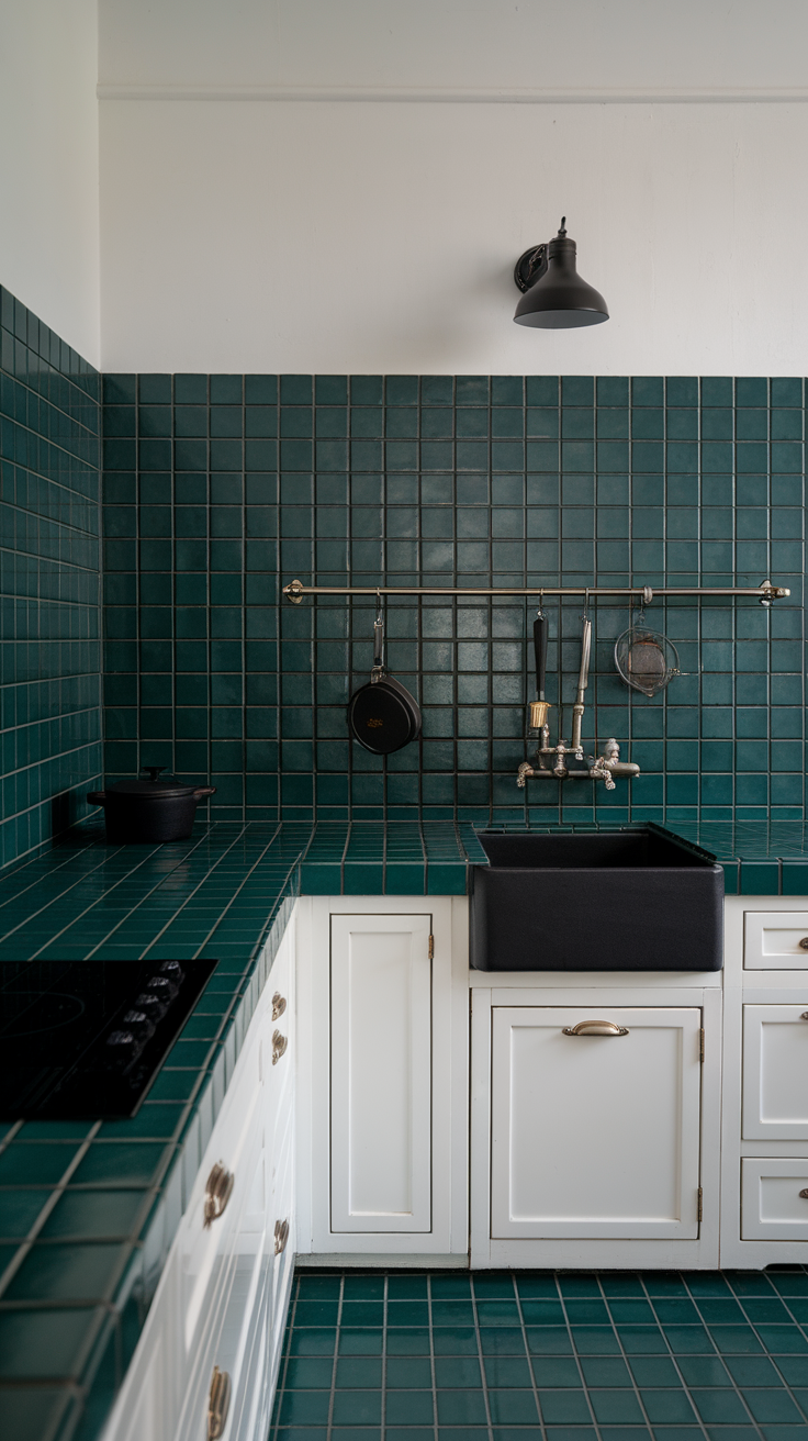 Kitchen featuring forest green backsplash and white countertop.