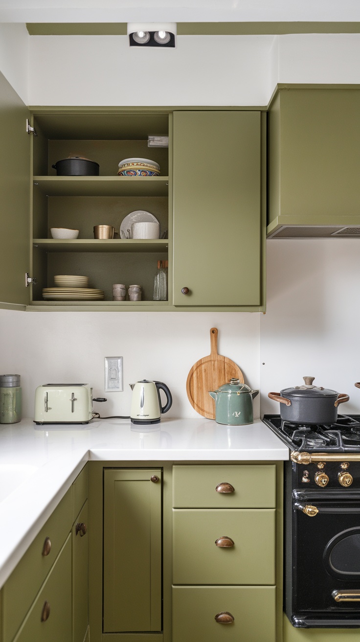 Kitchen with olive green cabinets and white countertop