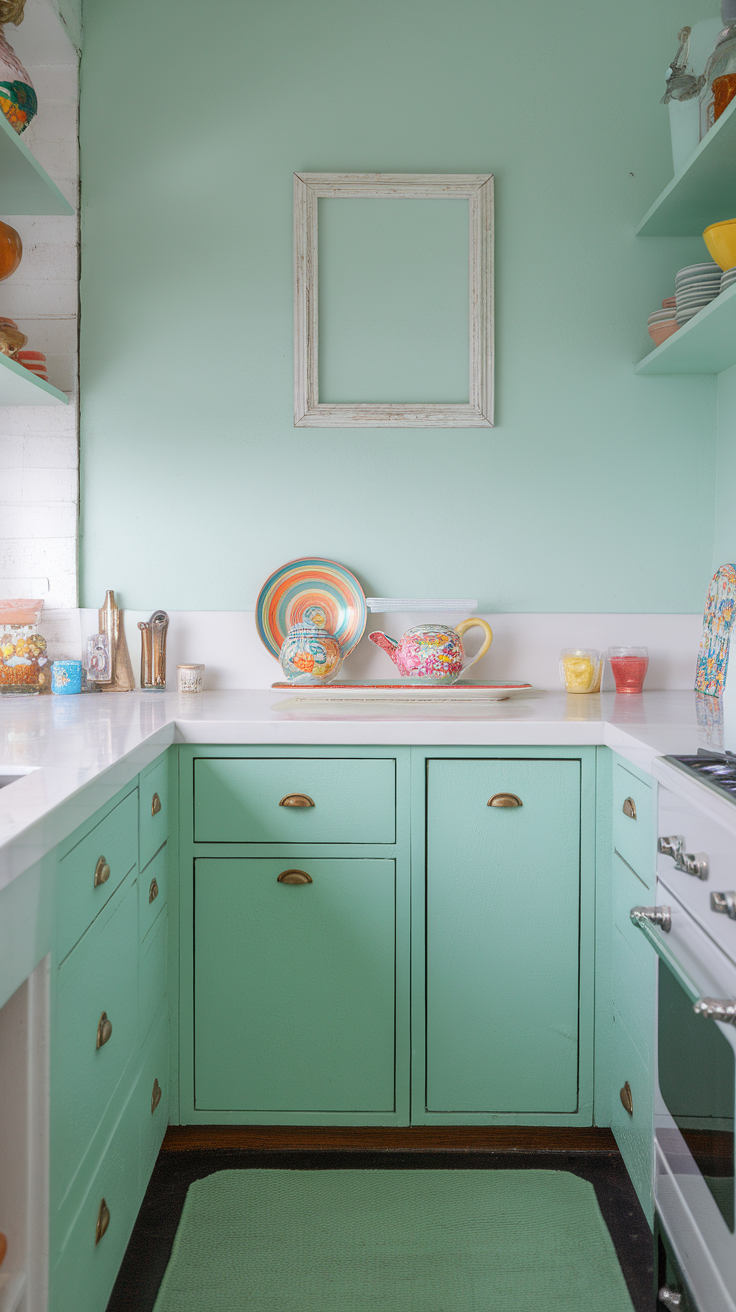 A kitchen featuring mint green accents with white countertops and colorful kitchenware.