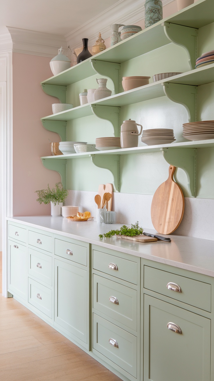 Pastel green open shelving in a kitchen with white countertops and decorative items