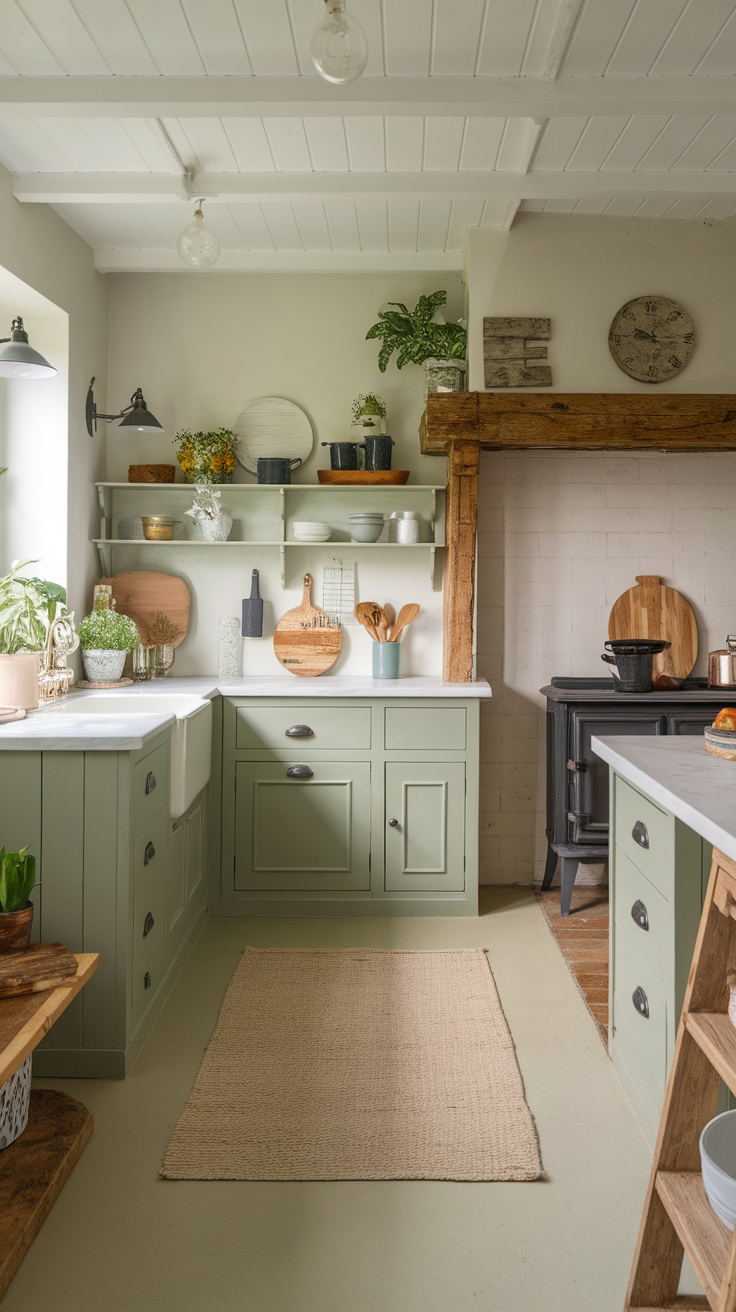 Sage green farmhouse style kitchen with white countertop and wooden accents.