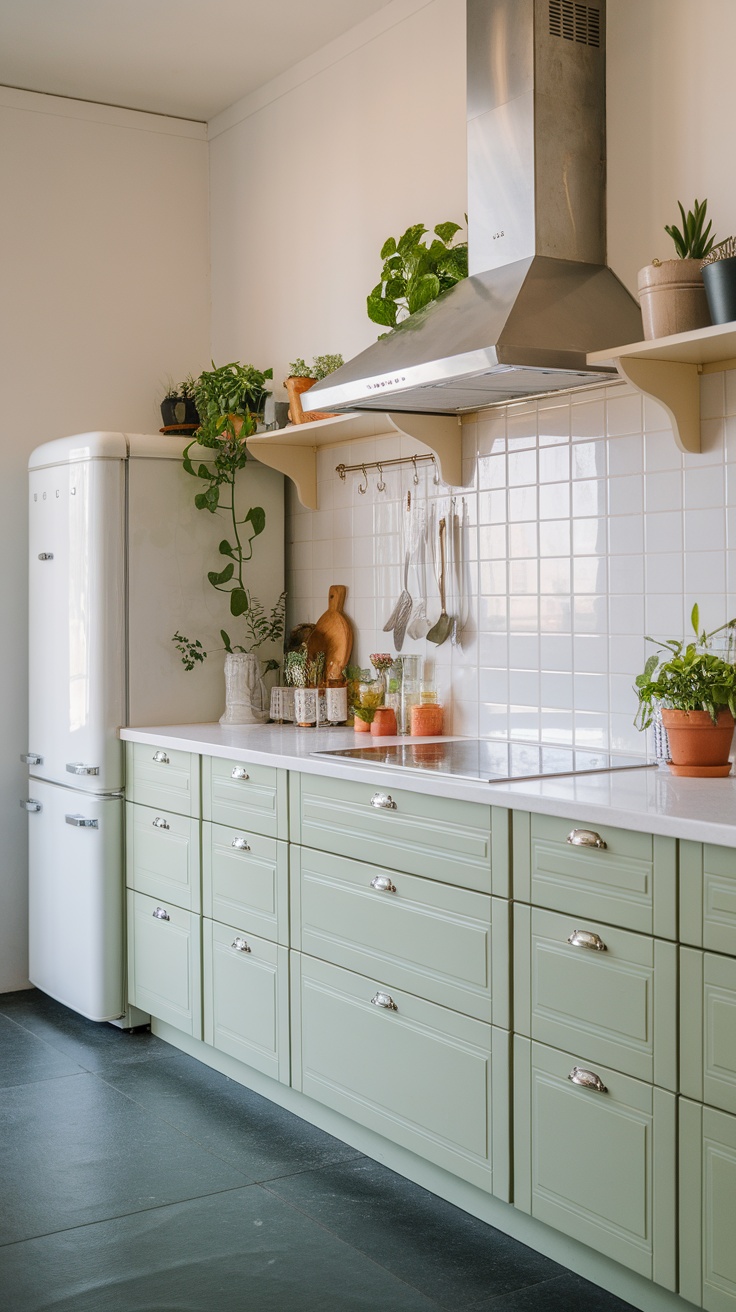 A kitchen featuring soft pistachio cabinets and white countertops with plants.