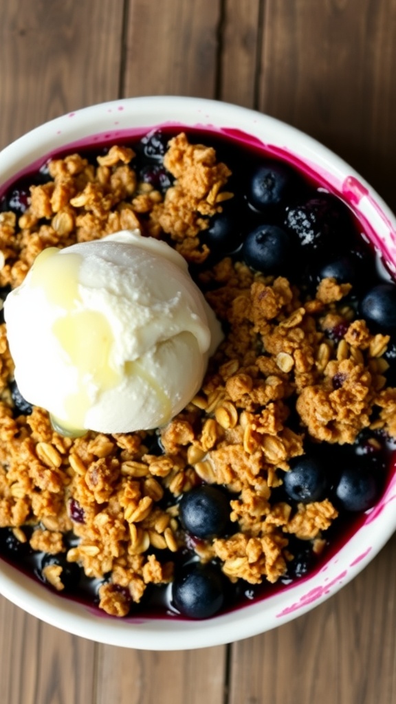 A serving of blueberry crisp with golden topping, juicy blueberries, topped with vanilla ice cream on a rustic wooden table.