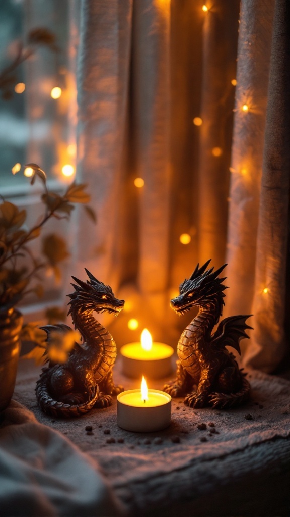 Candlelit space featuring dragon figurines and warm candles