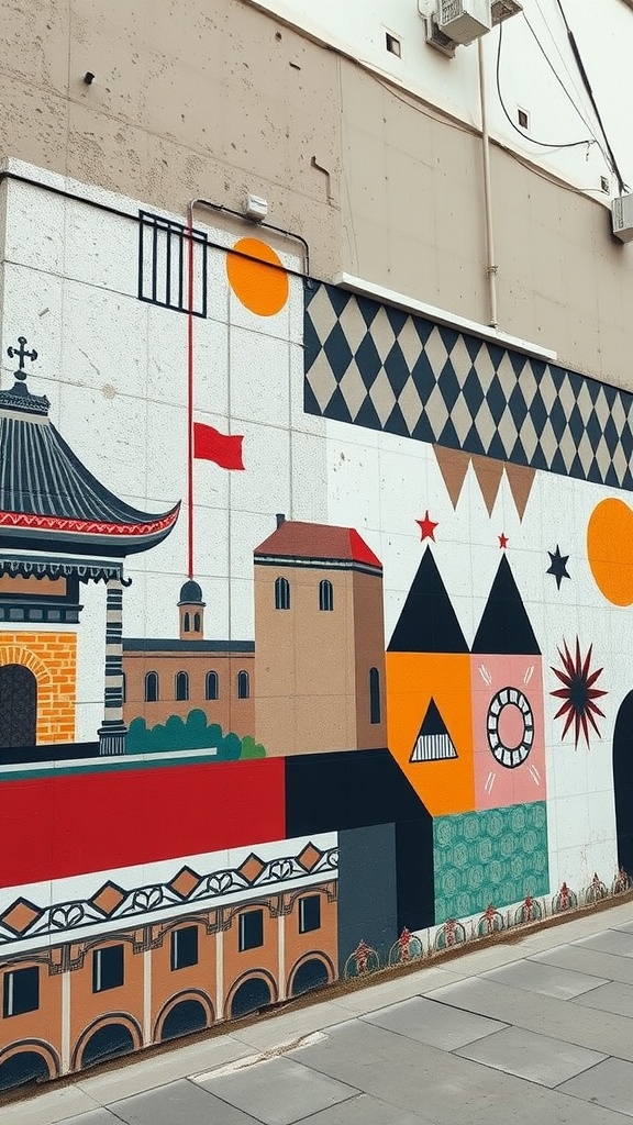 A vibrant abstract wall mural featuring cultural elements and geometric patterns.