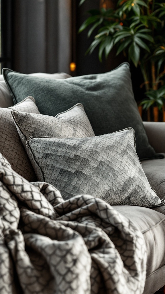 A cozy sofa with dragon scale textured pillows and a blanket, surrounded by plants.