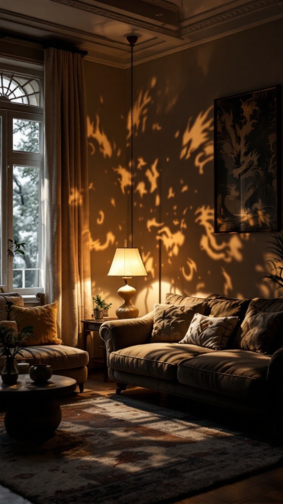 A cozy living room with dramatic lighting that casts dragon-like shadows on the wall.