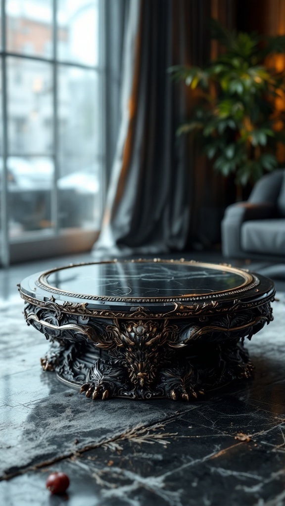 A beautifully designed coffee table with dragon motifs, showcasing a blend of elegance and fantasy.