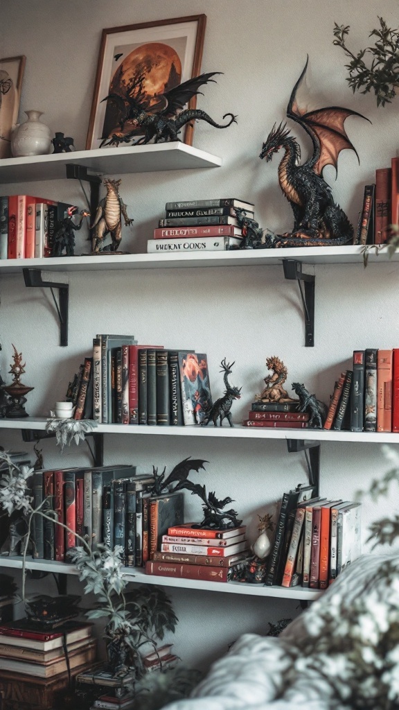 A beautifully decorated shelf featuring dragon figurines and colorful books, showcasing a fantasy-inspired room.