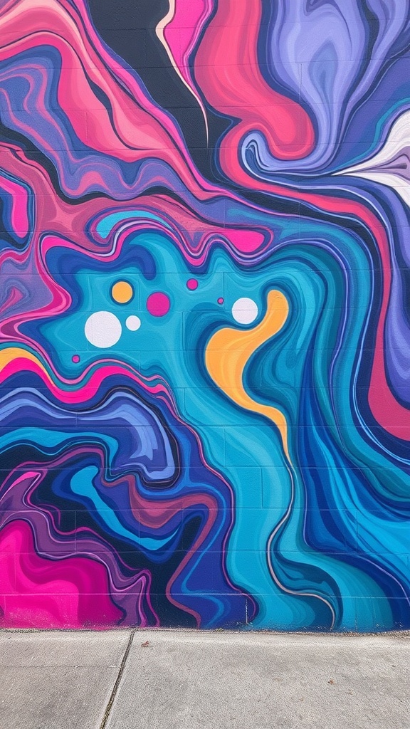 Colorful abstract wall design featuring fluid art techniques with vibrant swirls and patterns.