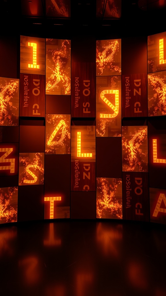 A collage of illuminated wall panels featuring glowing letters and vibrant designs.