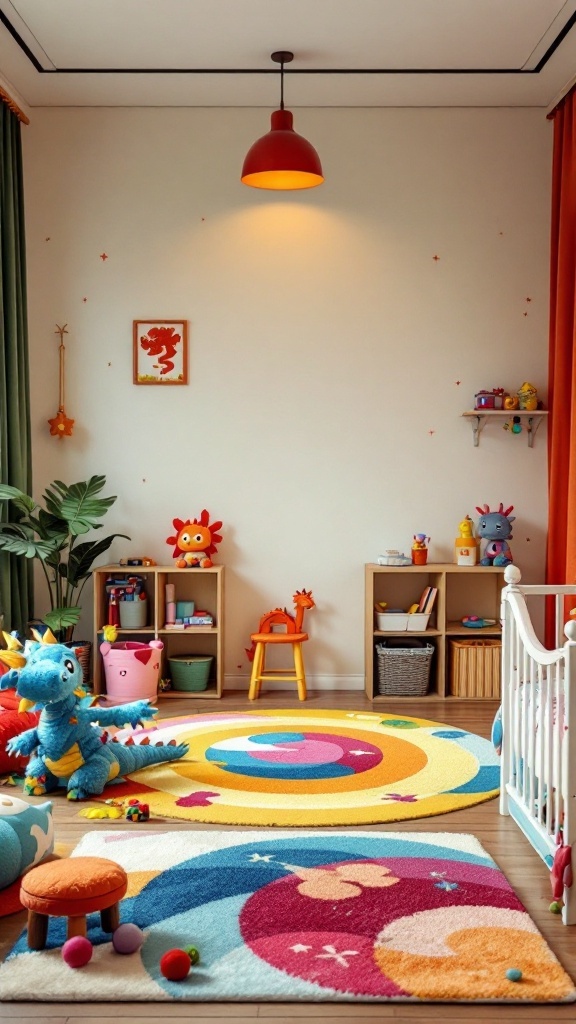 A colorful and playful dragon-themed room for kids with plush toys, rugs, and bright decor.