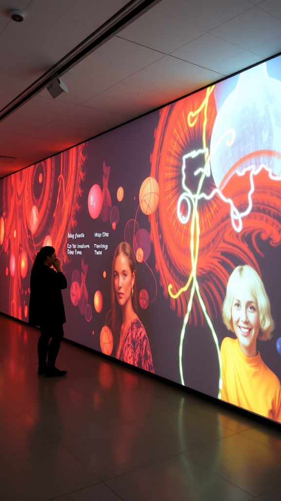 A person interacting with an interactive projection art display featuring bright colors and abstract shapes.