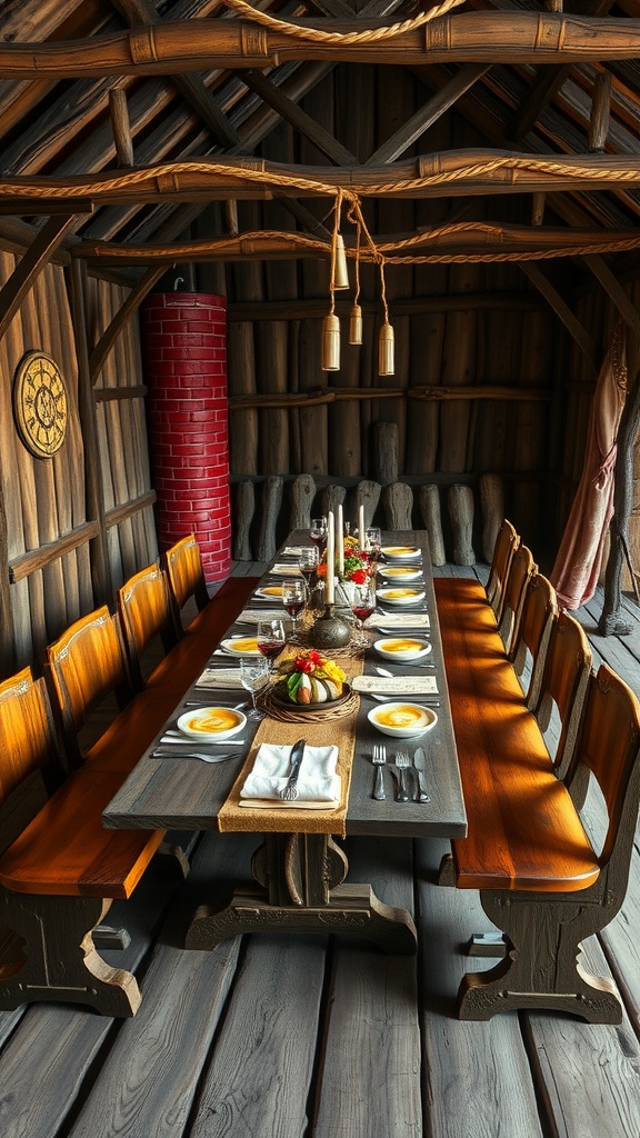 A rustic long dining table with wooden benches, set for a feast with plates, glasses, and a centerpiece.